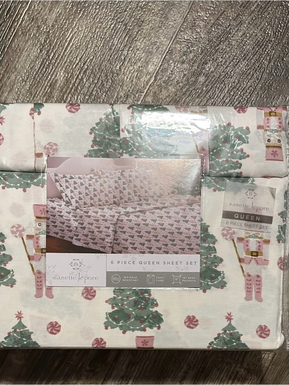 Nanette Lepore Pink & Green Holiday Queen Sheet Set - Festive Nutcracker Trees